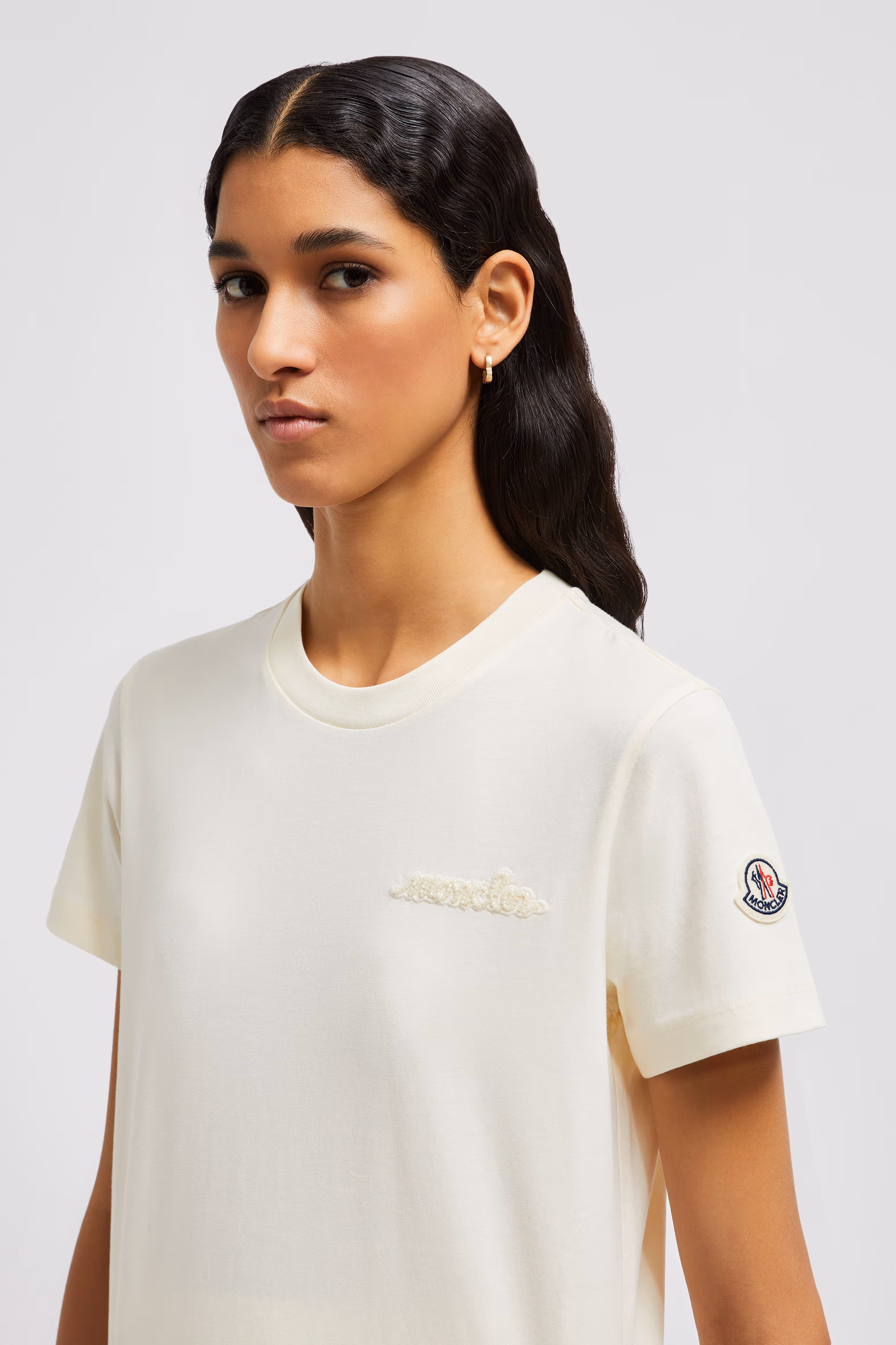 Camiseta de algodón con logotipo de cuentas Mujer Blanco Moncler 4